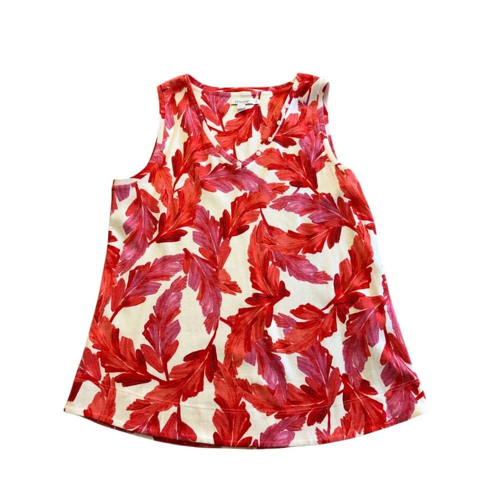 Chico's Size 2 Large Red Pink Floral Leaf Print Sleeveless V-Neck Cotton Tank